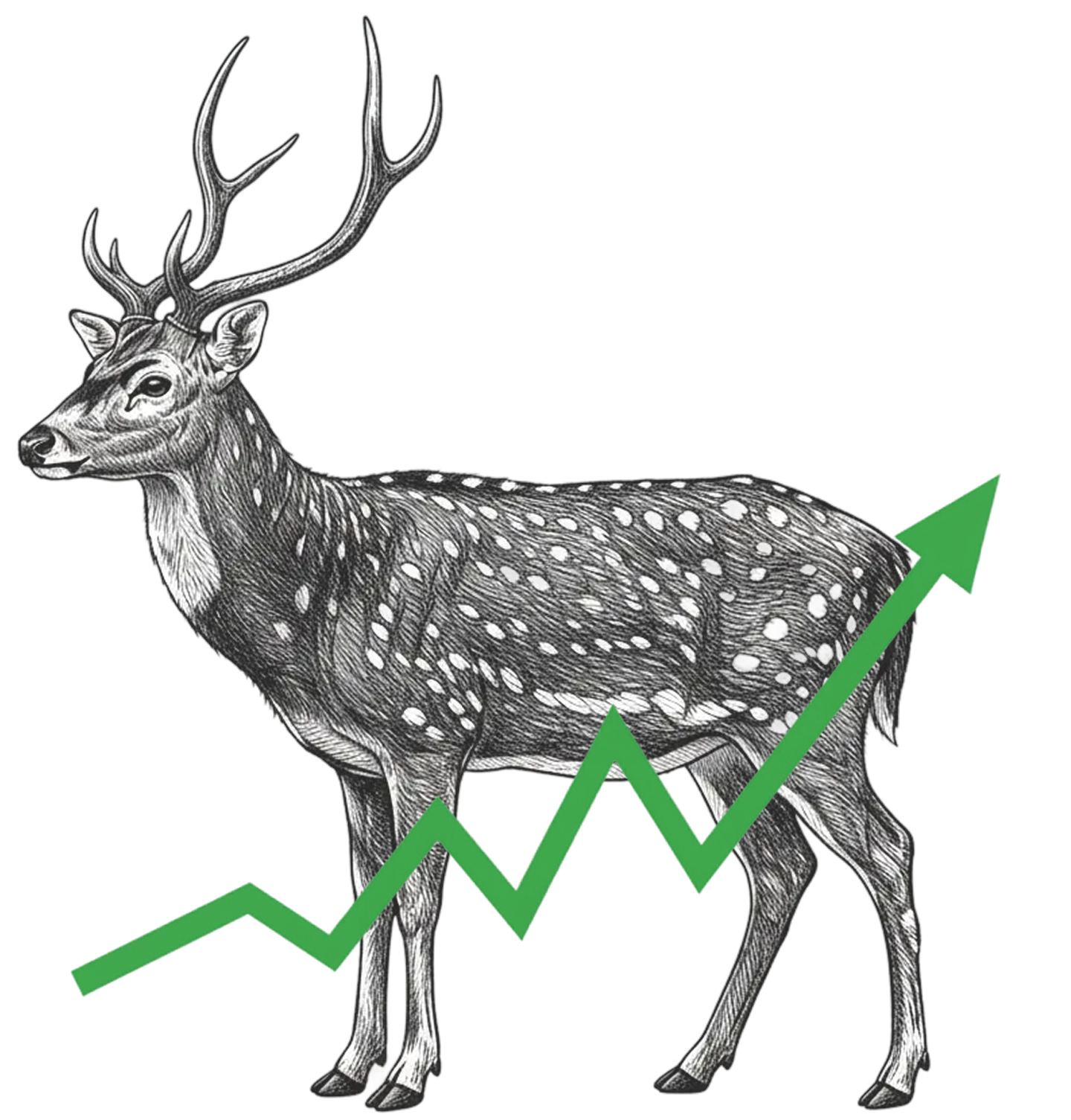 A deer graphic with a green upward trend line.