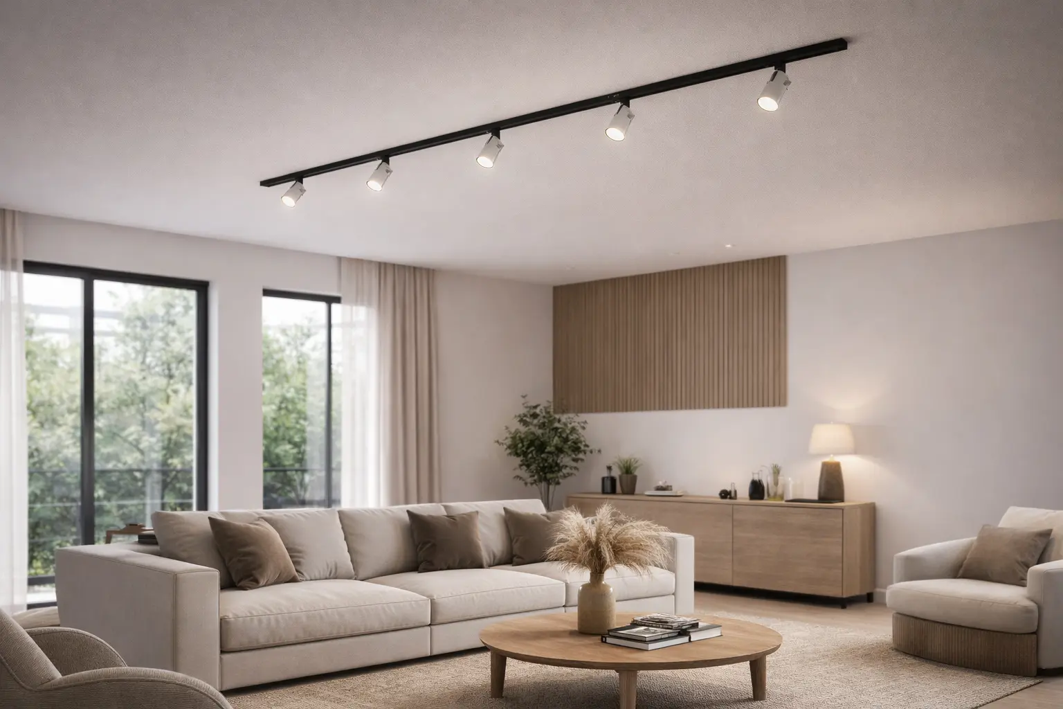 Sistema di illuminazione a binario 220V con faretti orientabili installato in soggiorno moderno GISLED