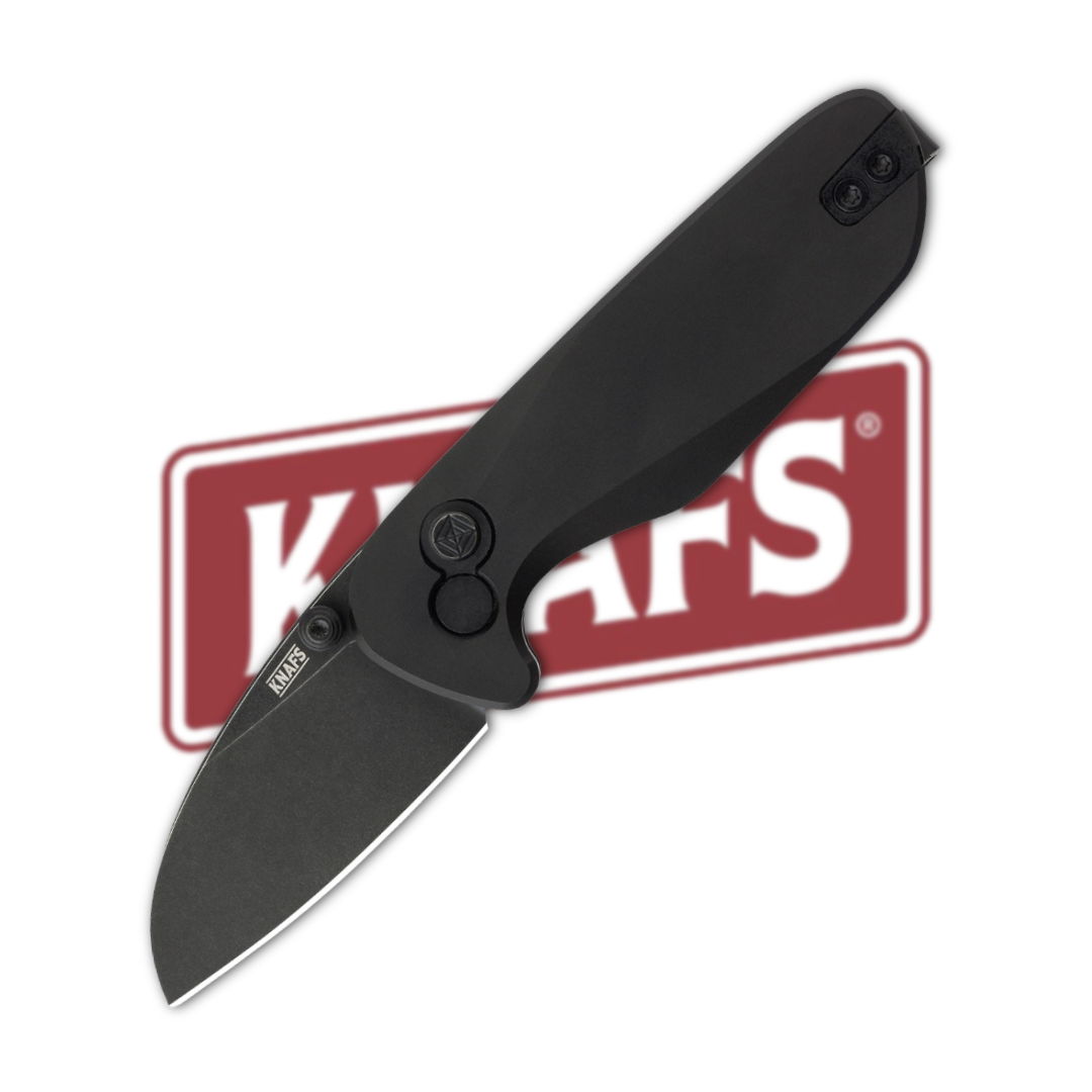 Black folding knife with a logo in the background.