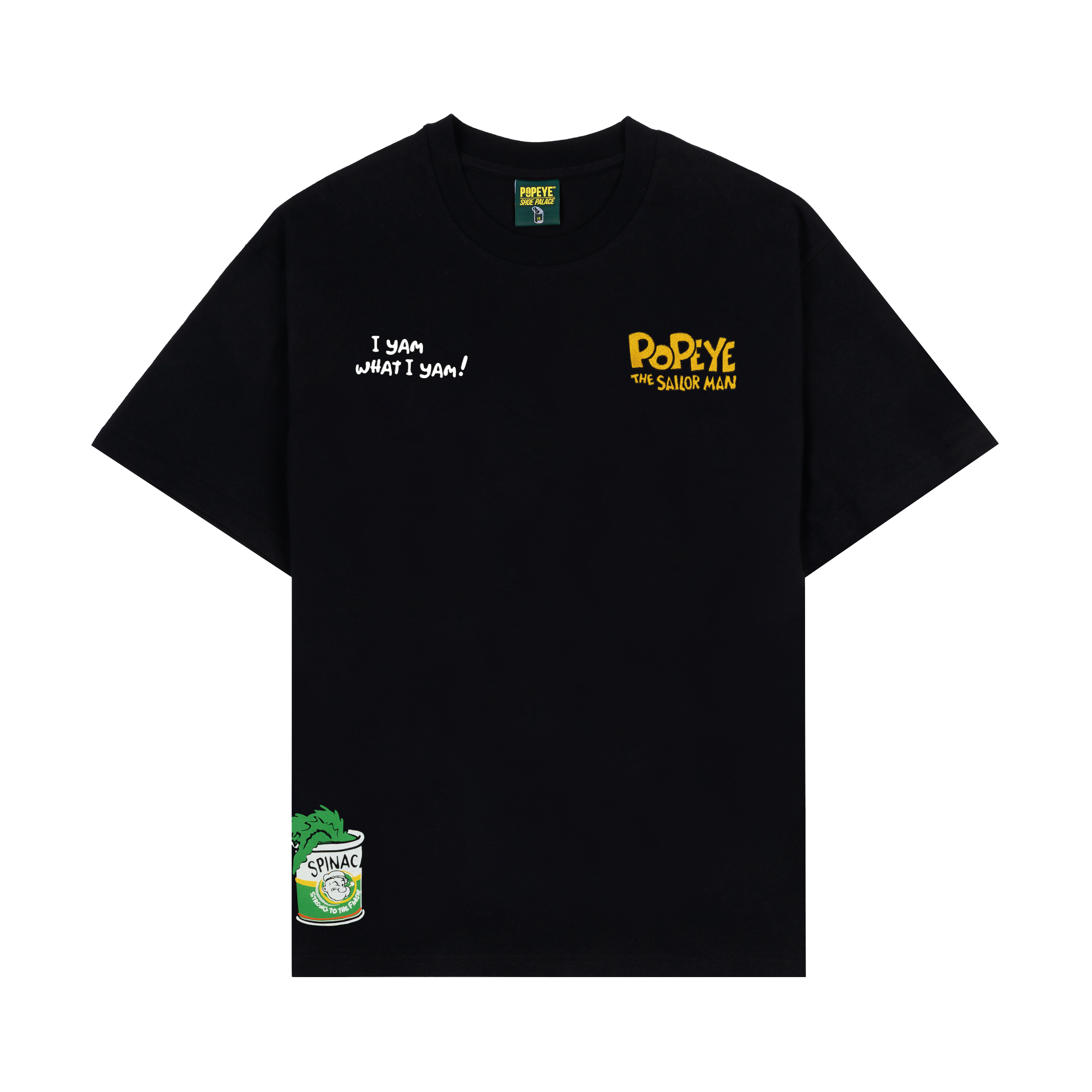 Black t-shirt with graphic print and green logo on the front.