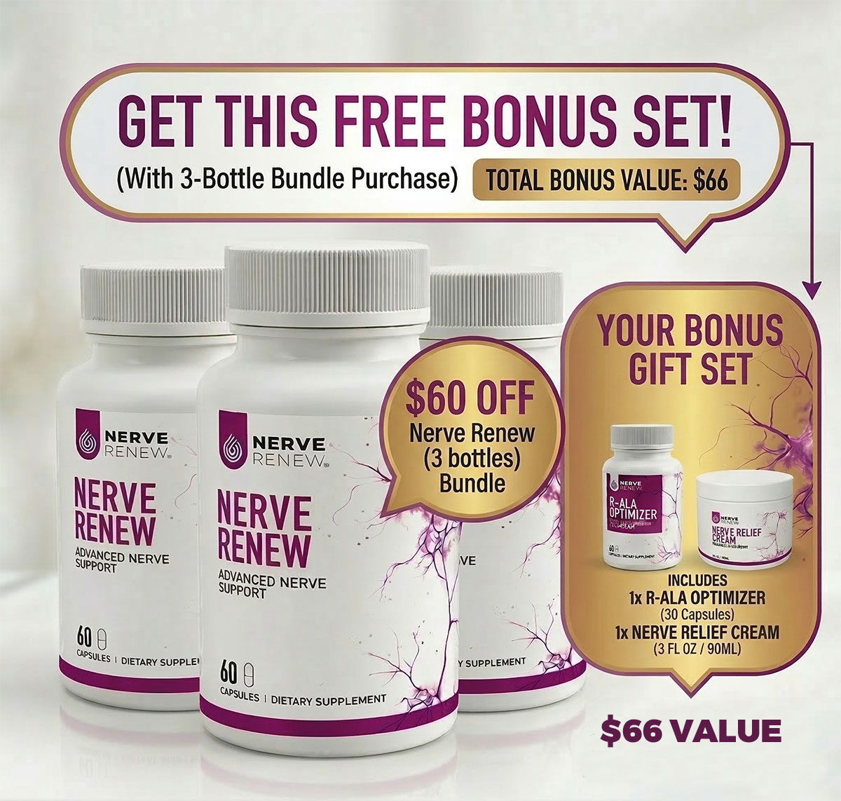 Promotional image for Nerve Renew with bonus set offer and pricing details.