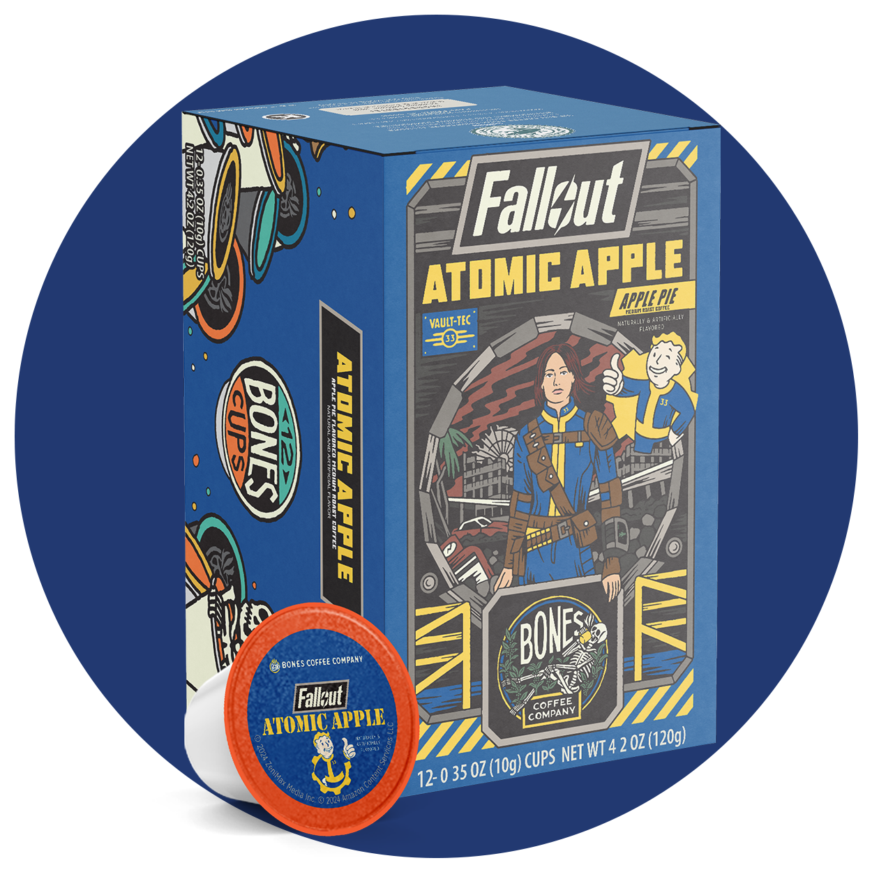 A box of Bones Cups flavored coffee inspired by Fallout named Atomic Apple. Its flavor is apple pie. On the art is Lucy from the Fallout show, and behind the box is a dark blue circle.