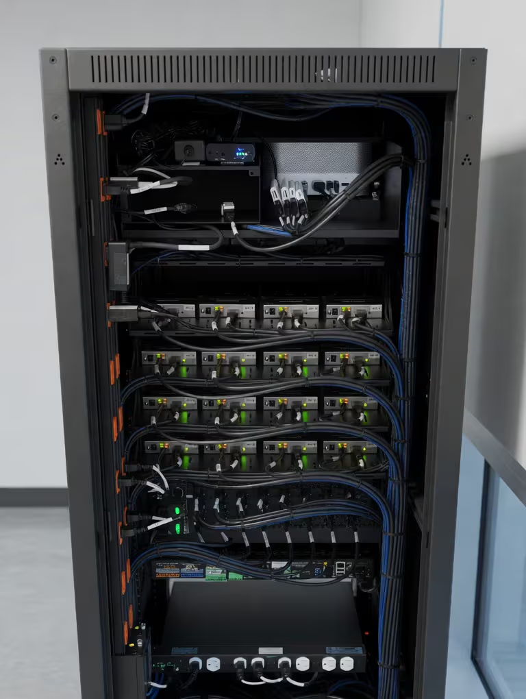 Data server rack with multiple cables and equipment visible.