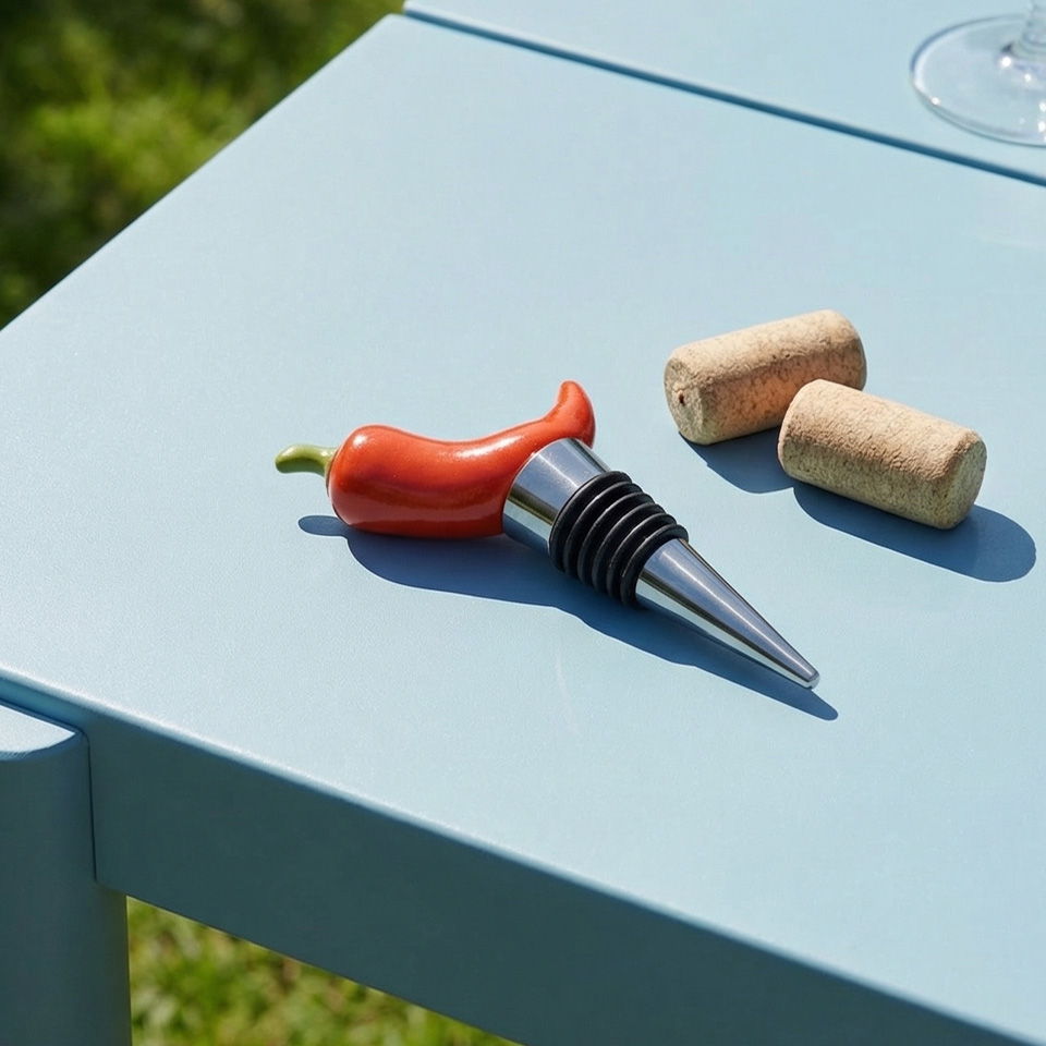 Red chili wine stopper and corks on a blue table.