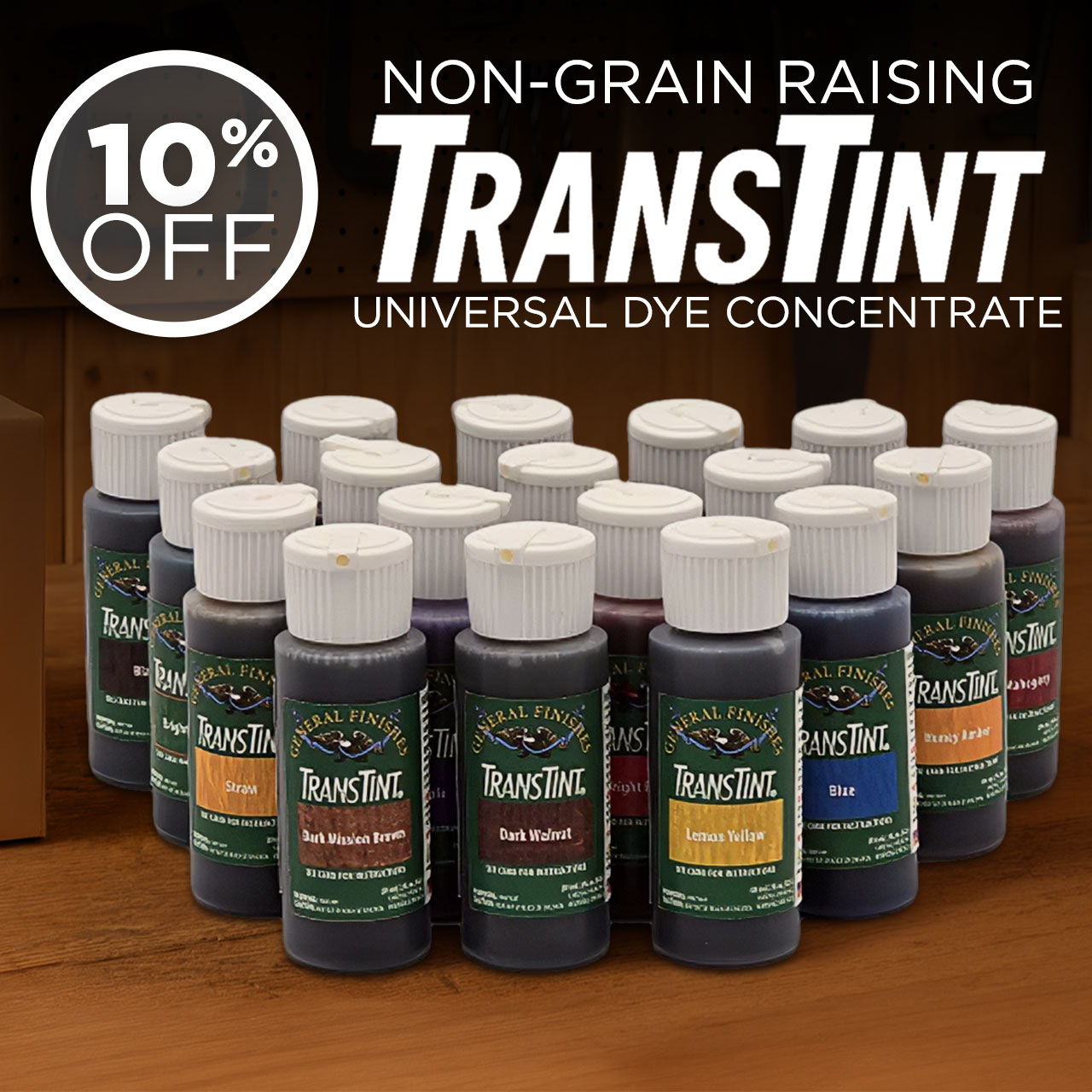 Bottles of TransTint universal dye concentrate with a 10% discount offer.