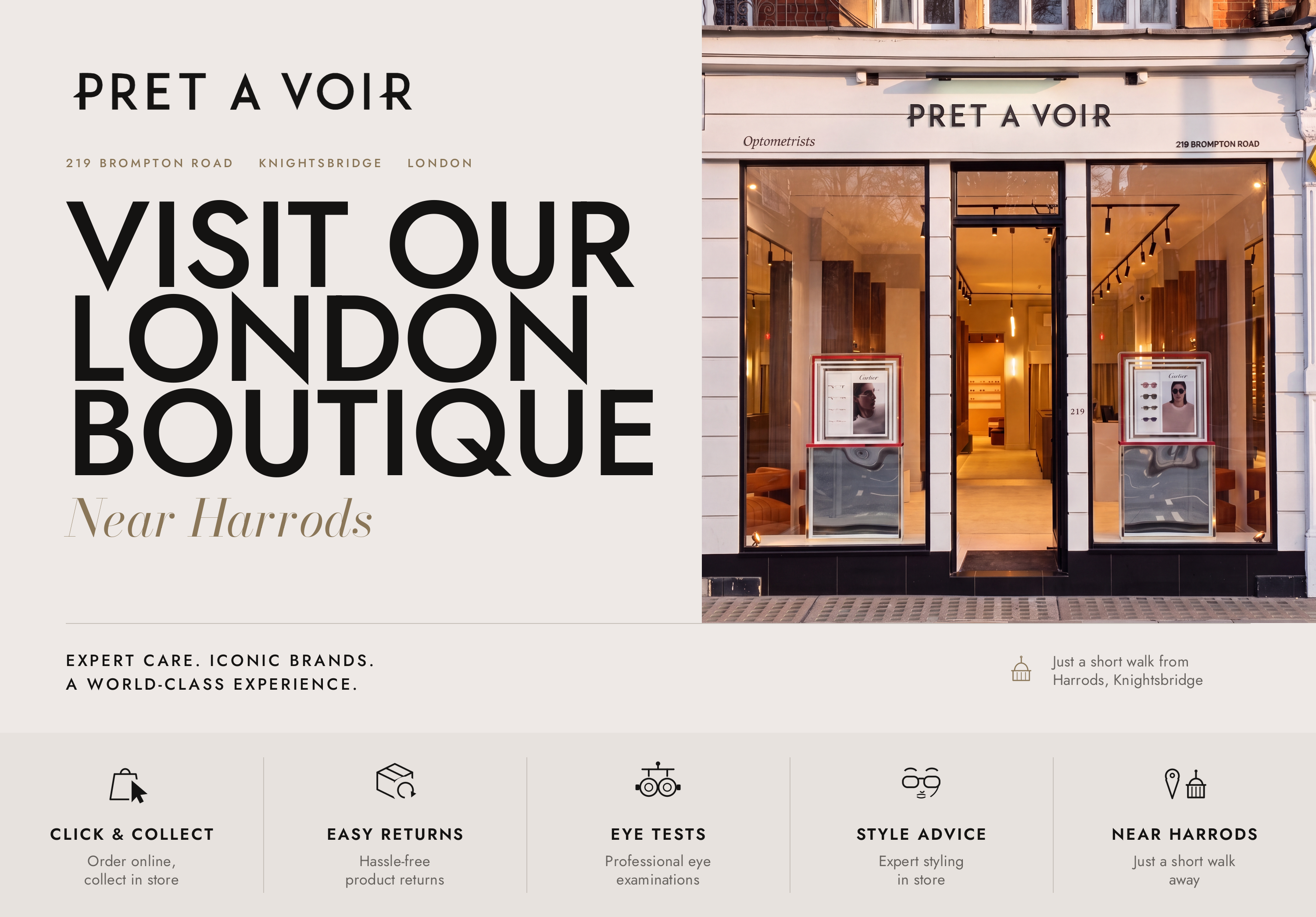Shopfront of Pret A Voir with promotional text.