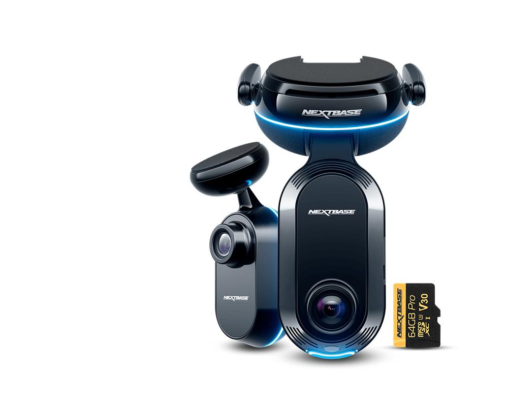 A car dashcam with dual lenses and a memory card.