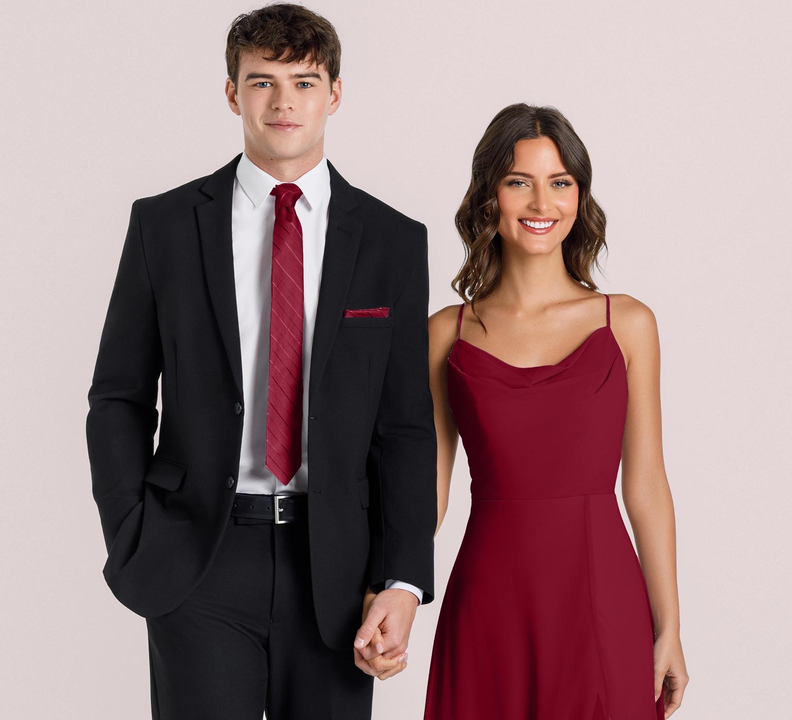 Black Suit with Claret Red Bridesmaid Dress