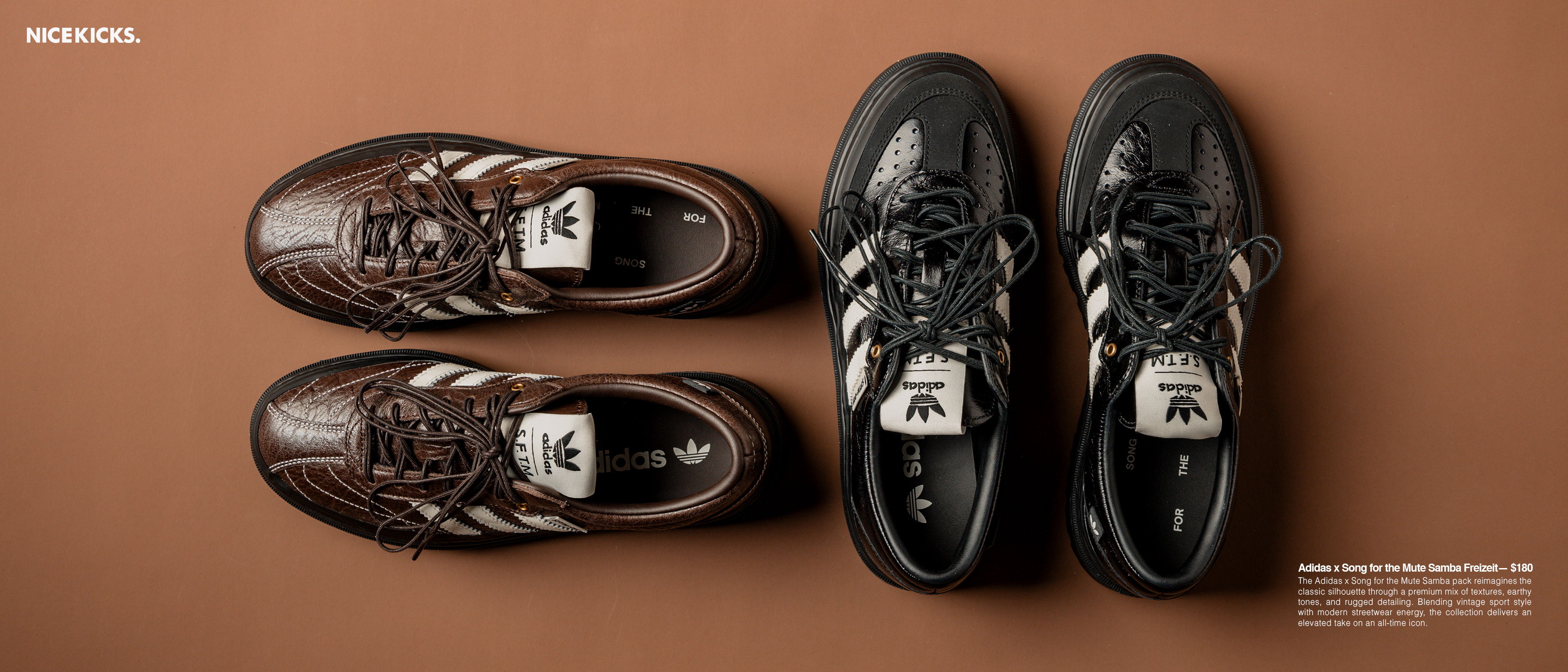 Brown and black athletic shoes displayed on a brown background.