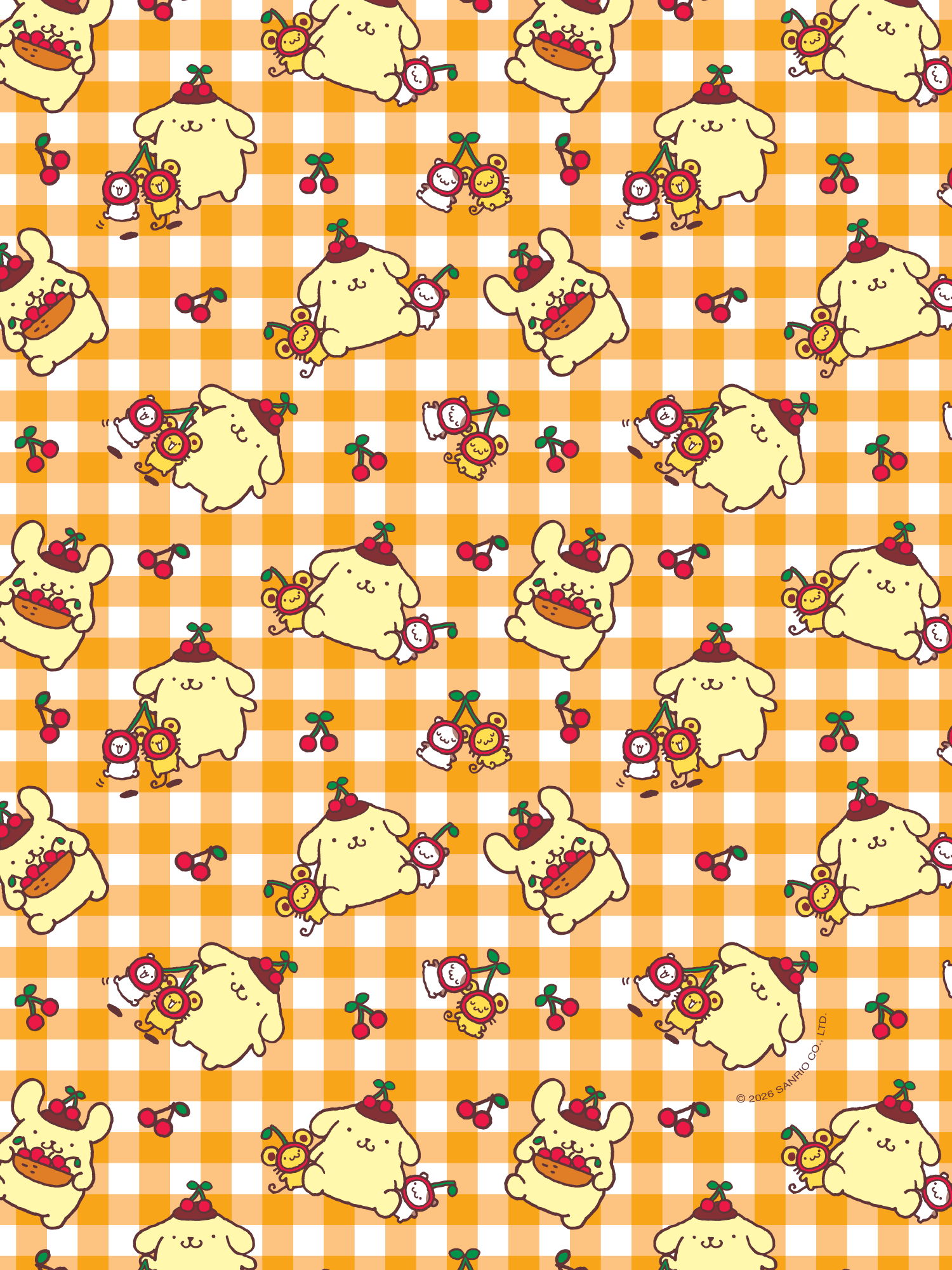 Pattern of cute characters on an orange checkered background with flowers and cherries.