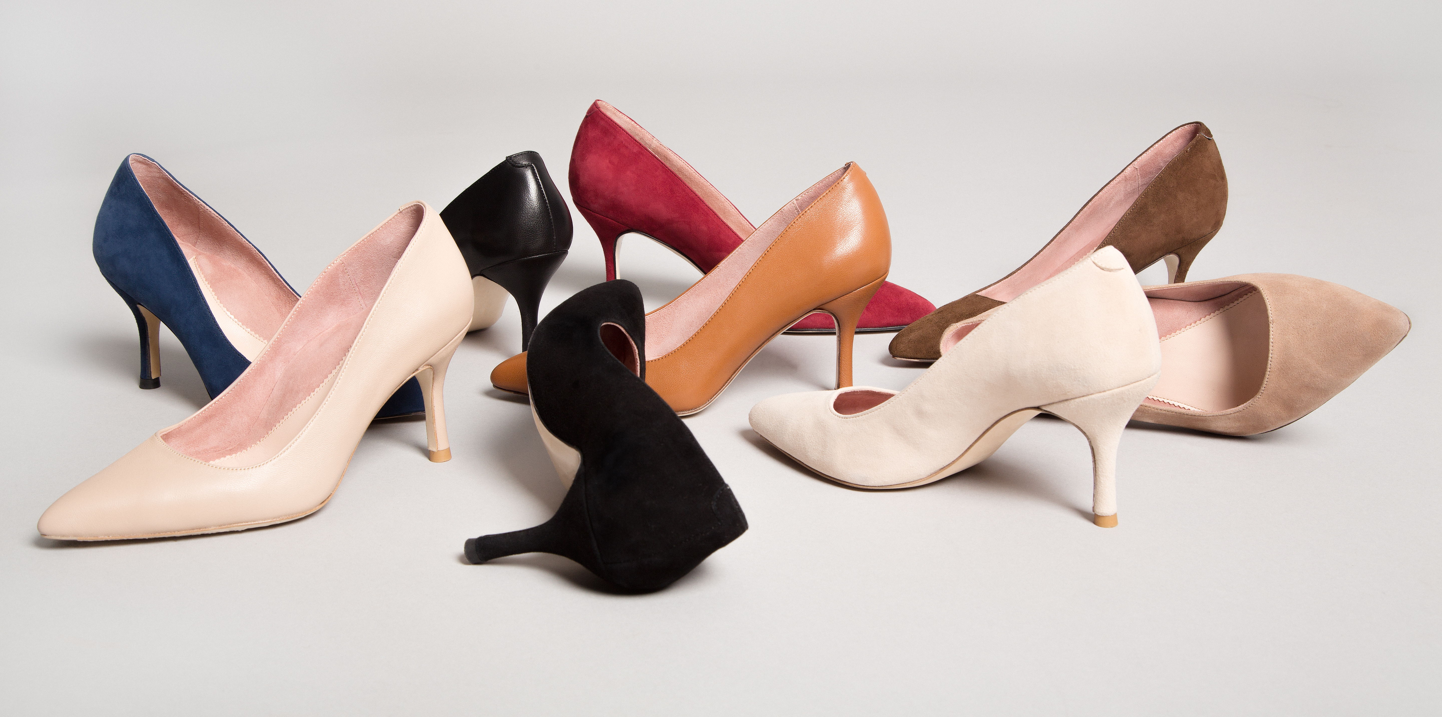 A variety of high-heeled shoes in different colors and styles.