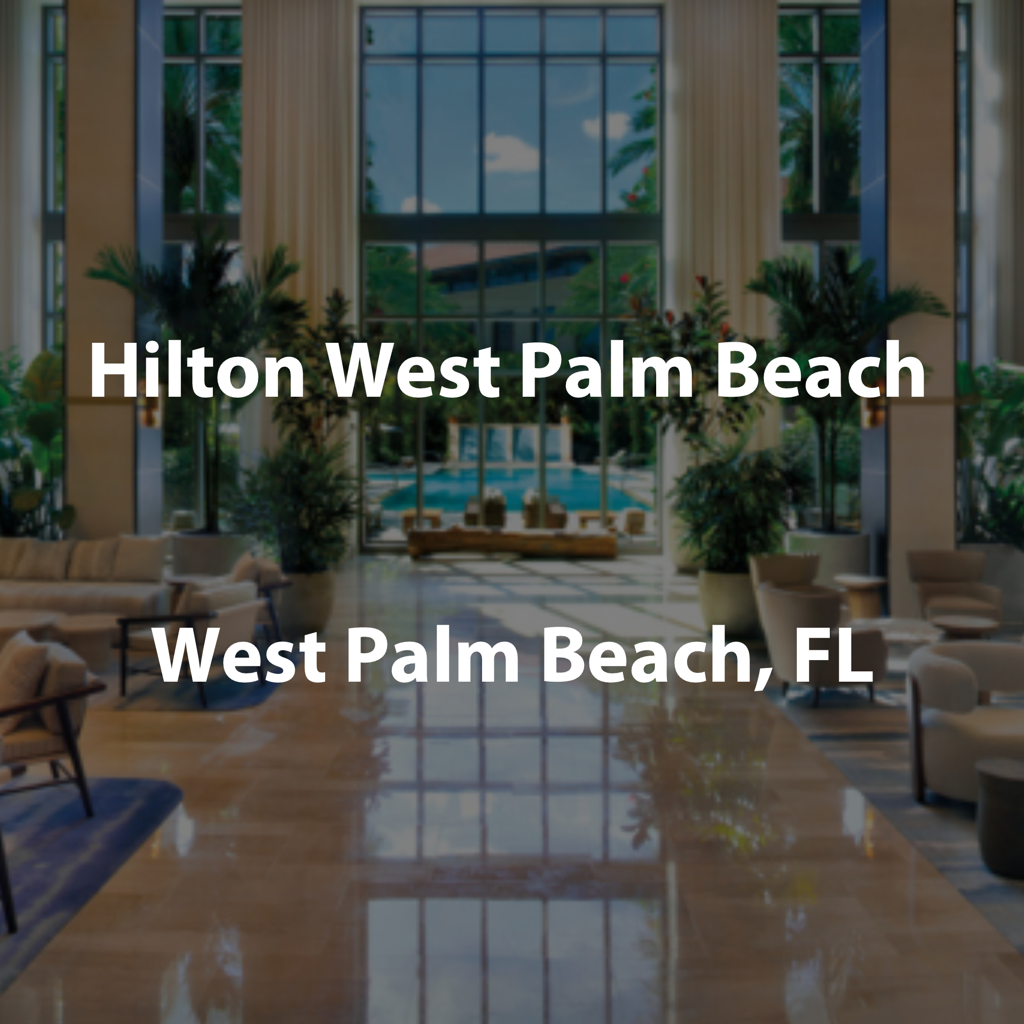 Luxurious hotel lobby with large windows, plants, and seating areas.
