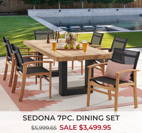 Sedona 7-piece dining set with outdoor table and chairs, on sale.