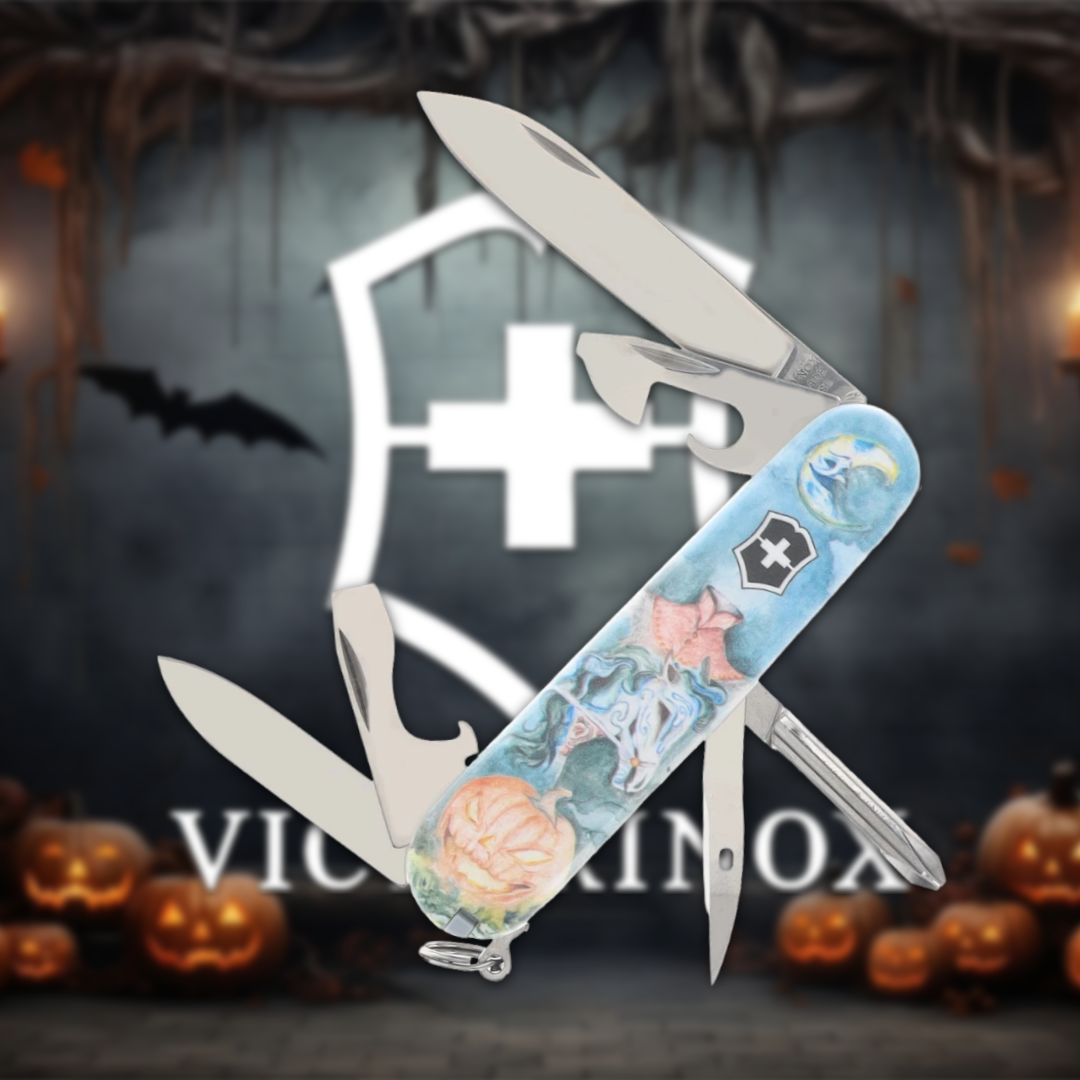 Swiss Army knife with colorful design, set against a Halloween-themed background.