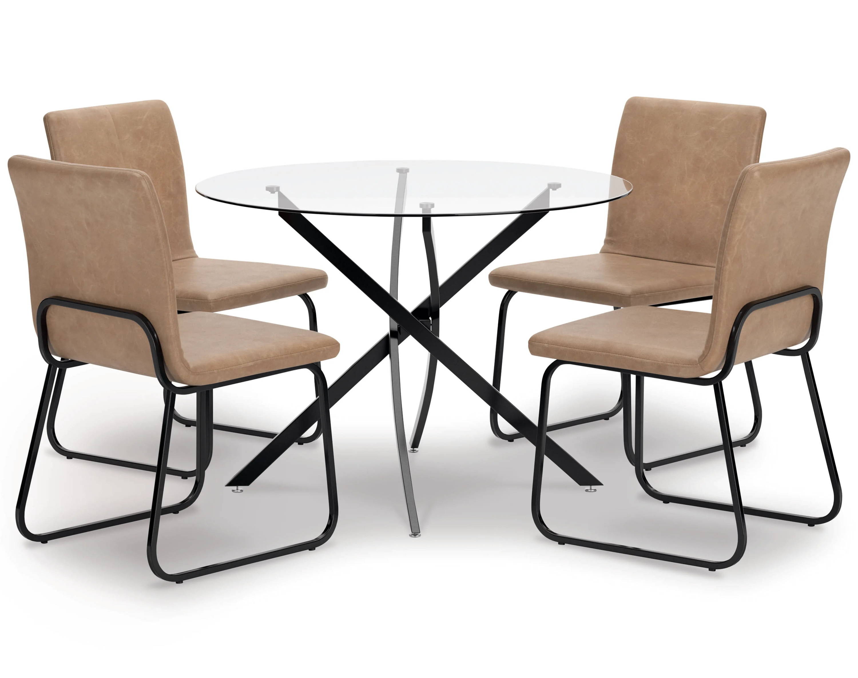 Round glass dining table with four beige upholstered chairs.