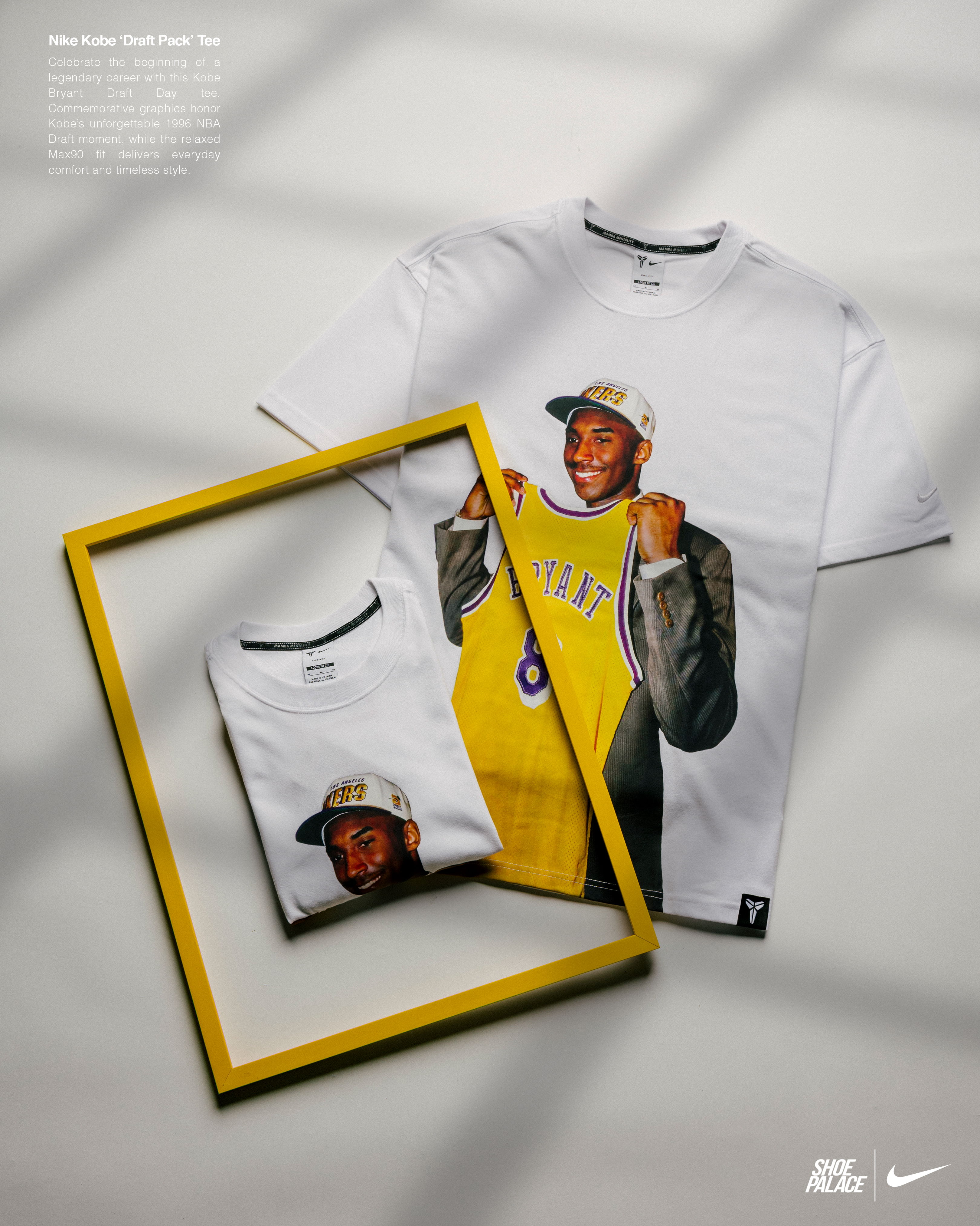 White t-shirts with a framed graphic design of a sports figure.
