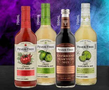 Four bottles of Fever-Tree mixers on a colorful background.