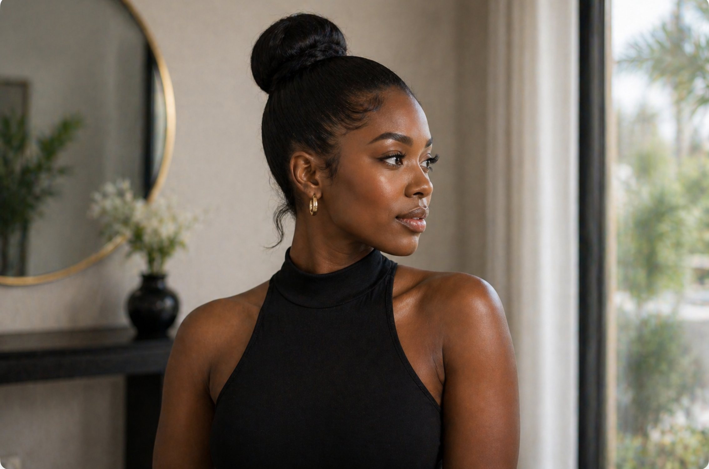 Woman with a bun hairstyle, wearing a black top, gazing thoughtfully.