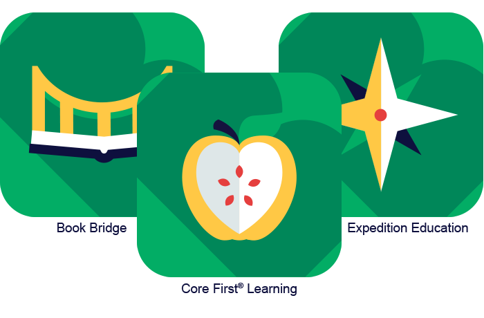 Three icons representing various concepts on green backgrounds.