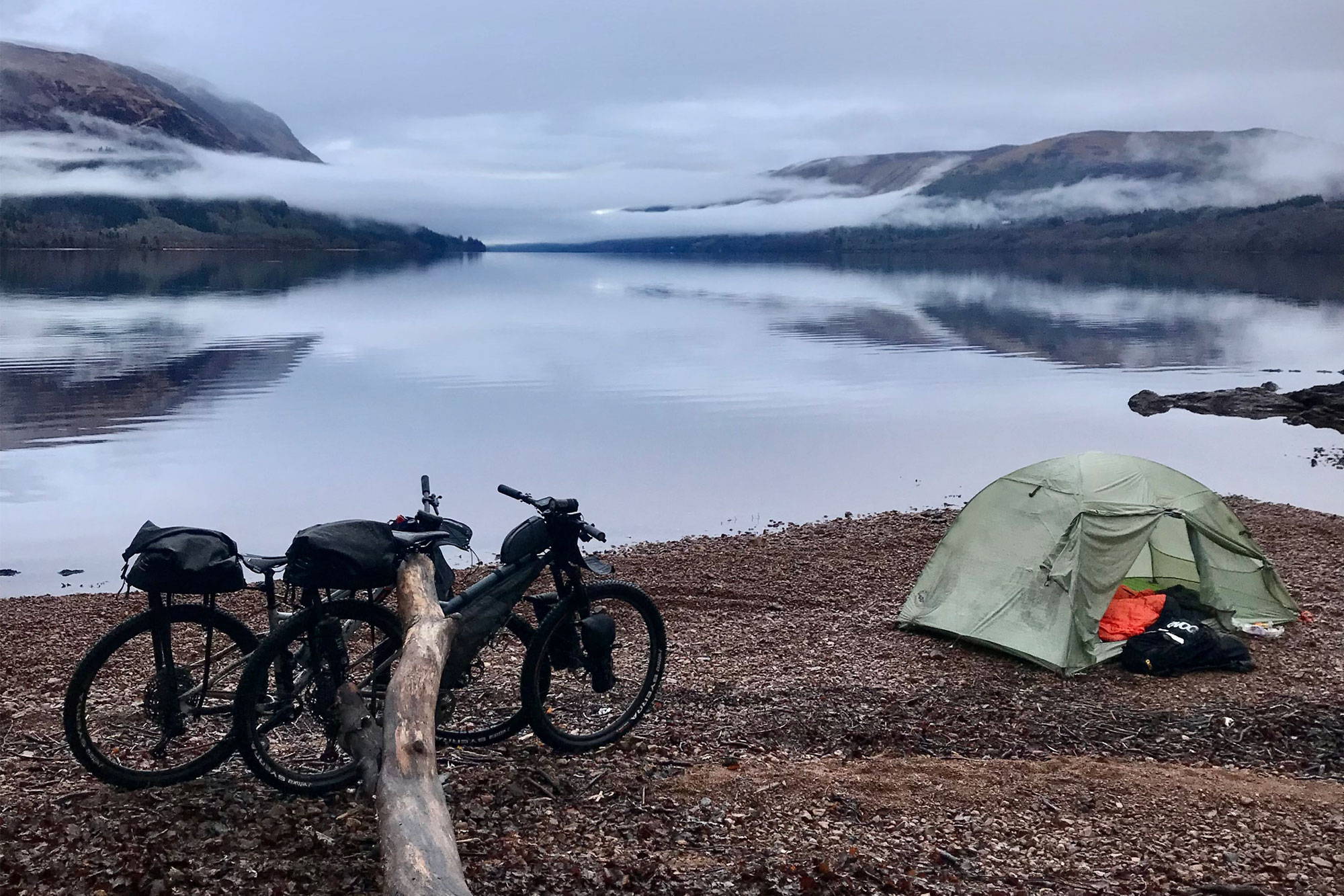 The bikes and tent setup at Loch Lochy