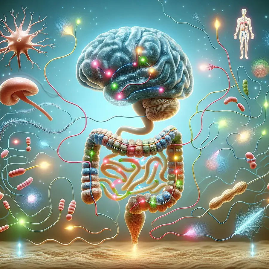 Visual showing the gut communicating with the brain, immune system, liver and metabolism.