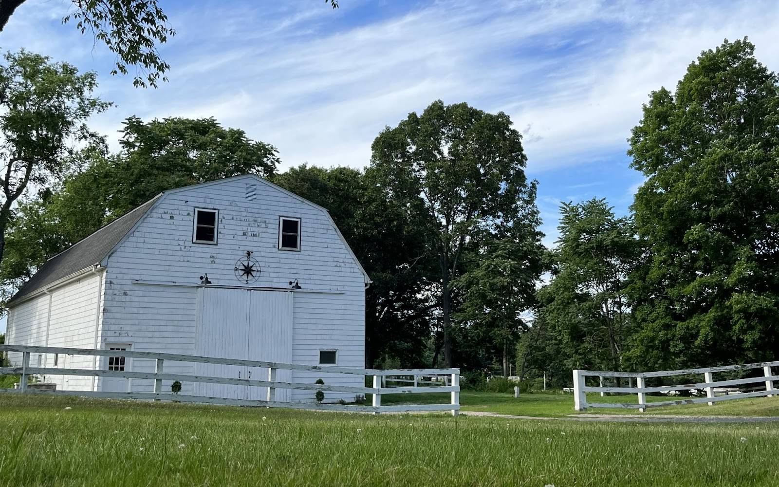 Oma's Pride white barn with green trees and grass around it.