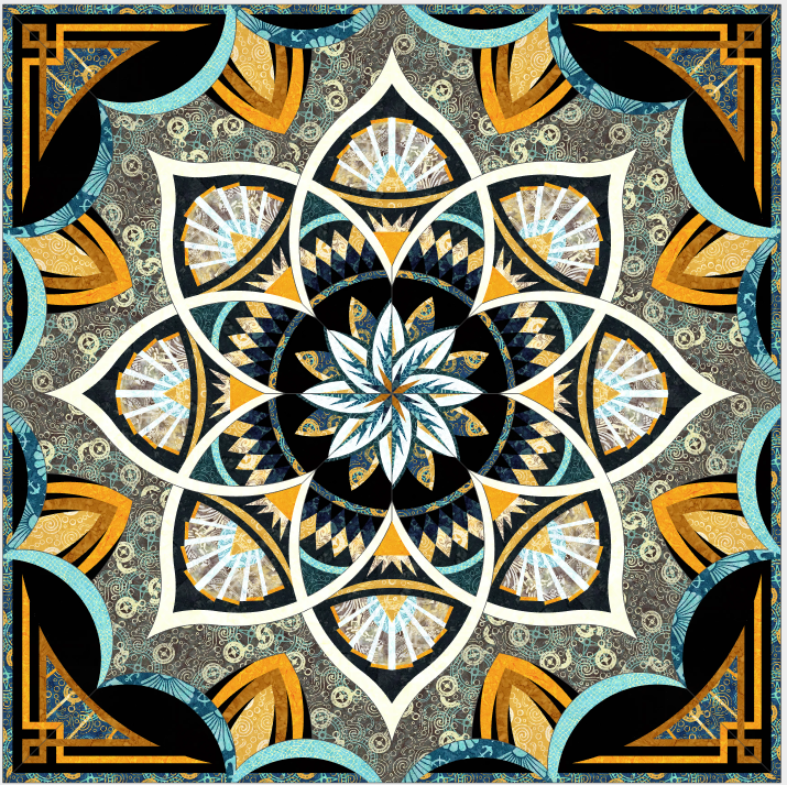 Colorful geometric mandala design with intricate patterns and floral motifs.