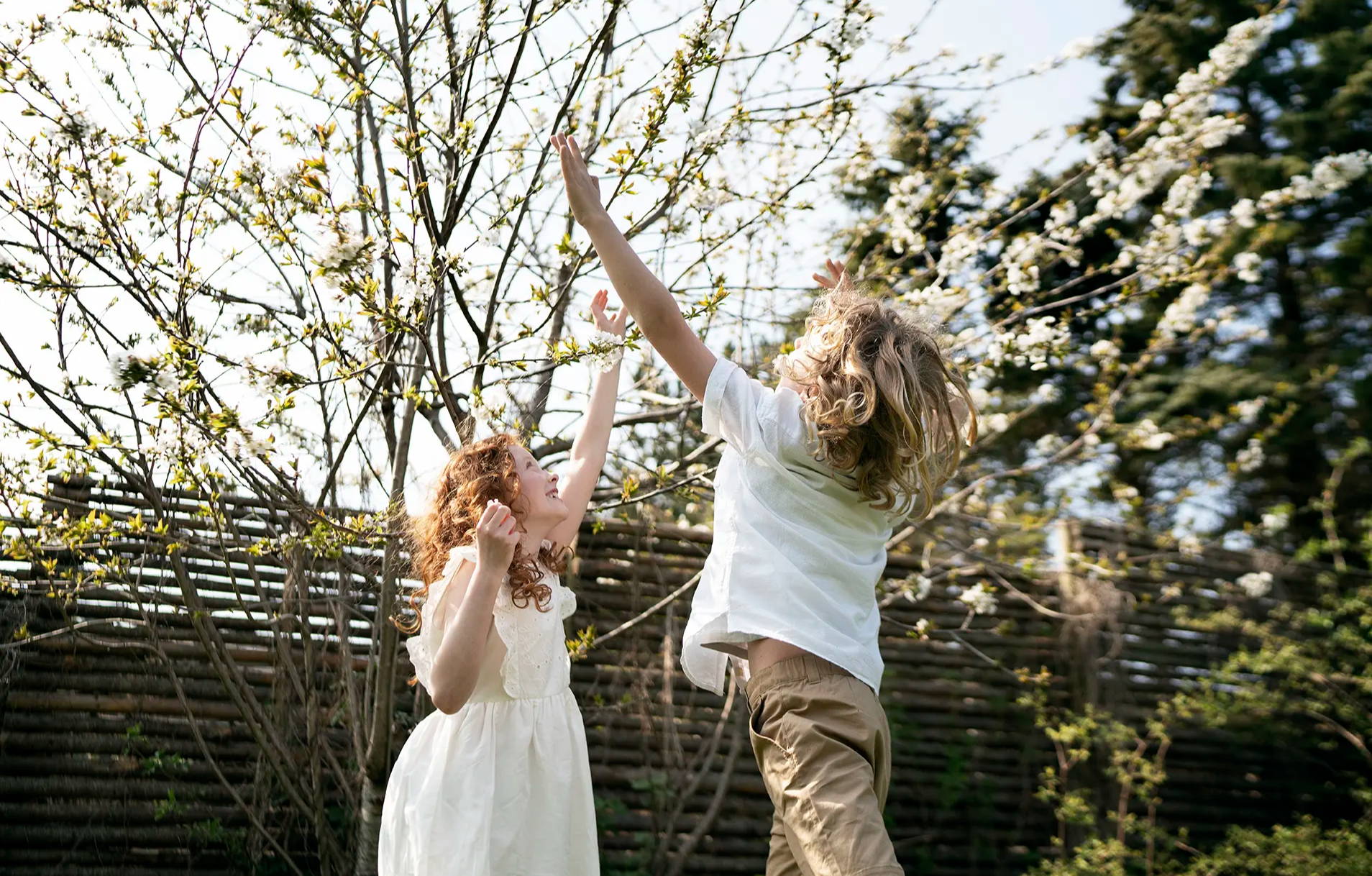 Dívka a chlapec si spolu hrají venku a výskokem se snaží dotknout jemných růžových květů na stromech