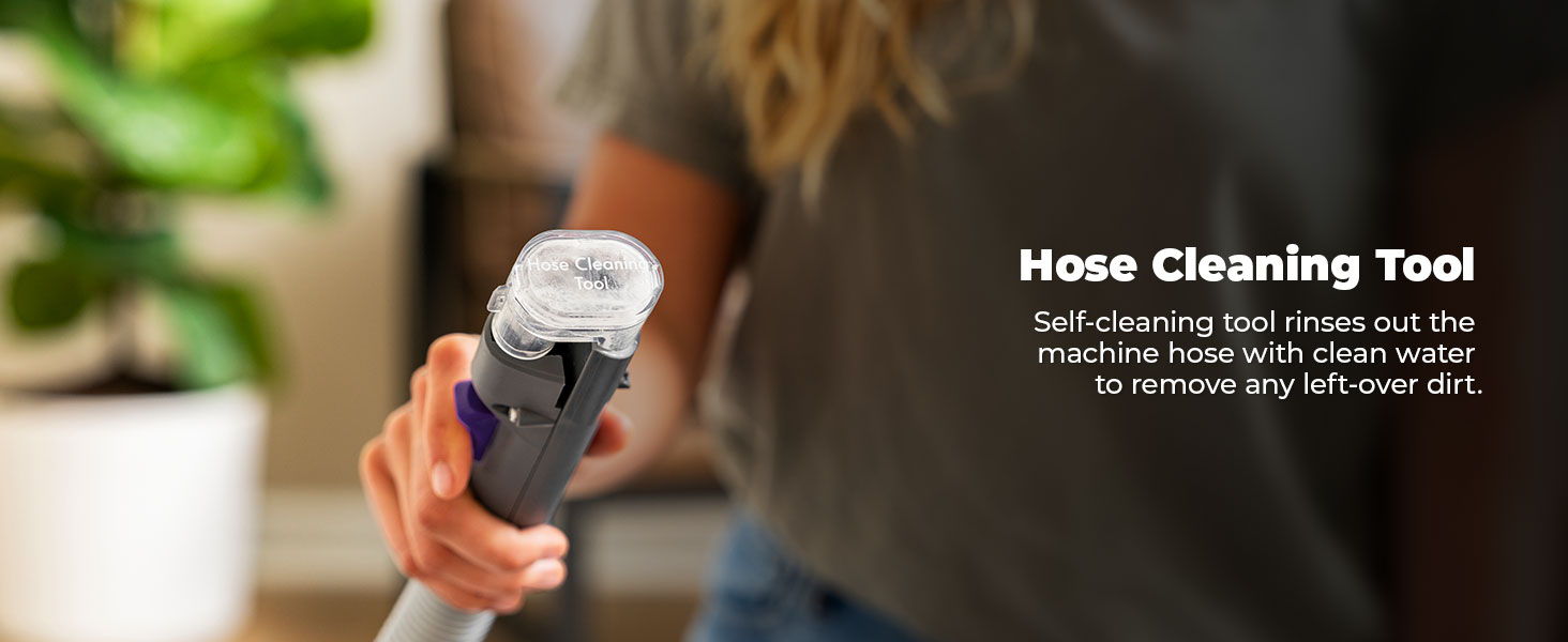 Hose cleaning tool held by a person, with text description on the side.