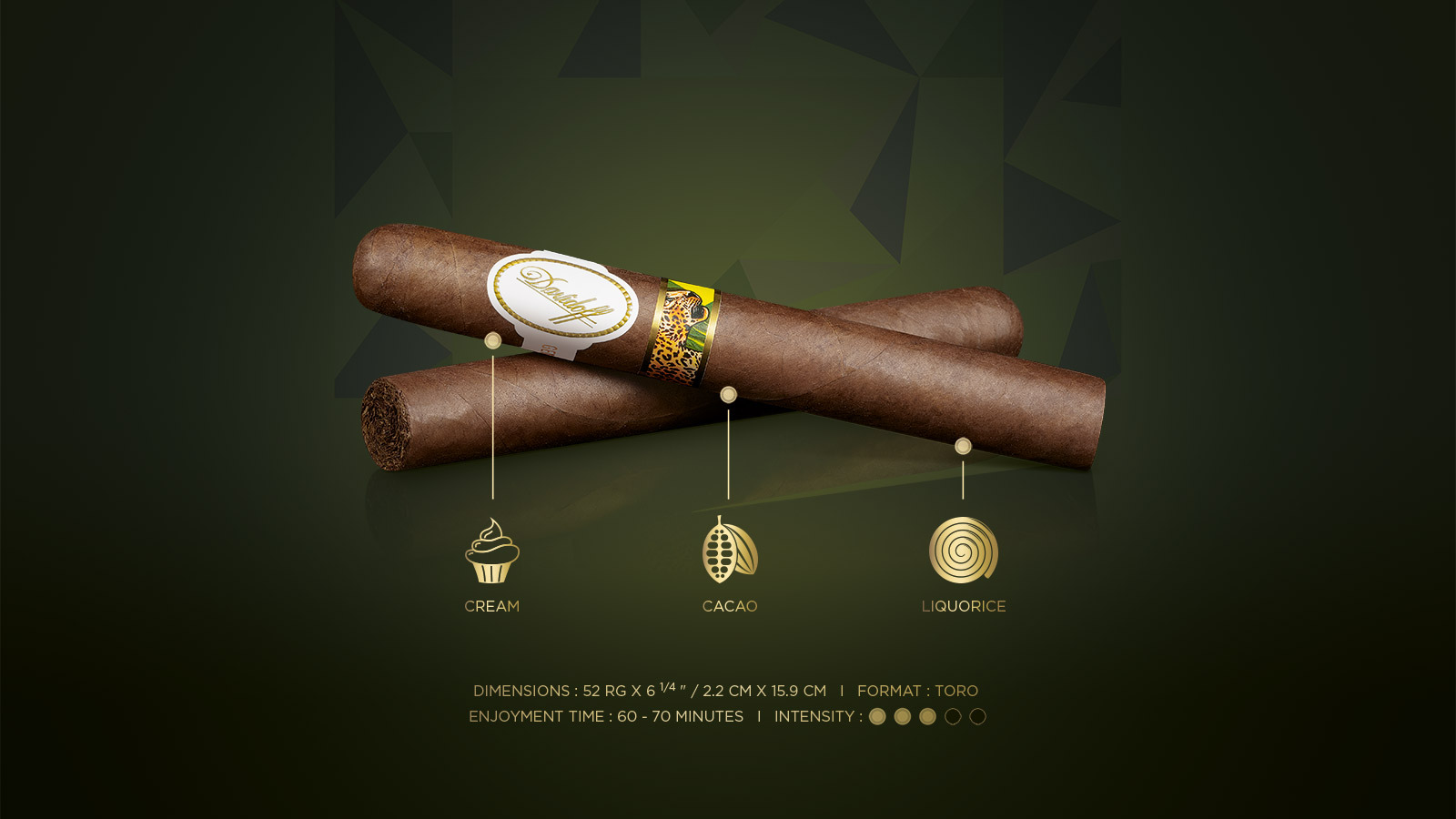 Two toro cigars which come with the Davidoff & Boyarde Masterpiece Humidor Instinctively with blend details displayed, such as main aromas, enjoyment time and intensity.