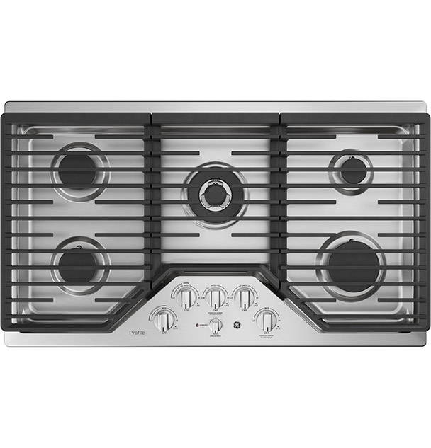 GE Gas Cooktop top-down photo on white background.