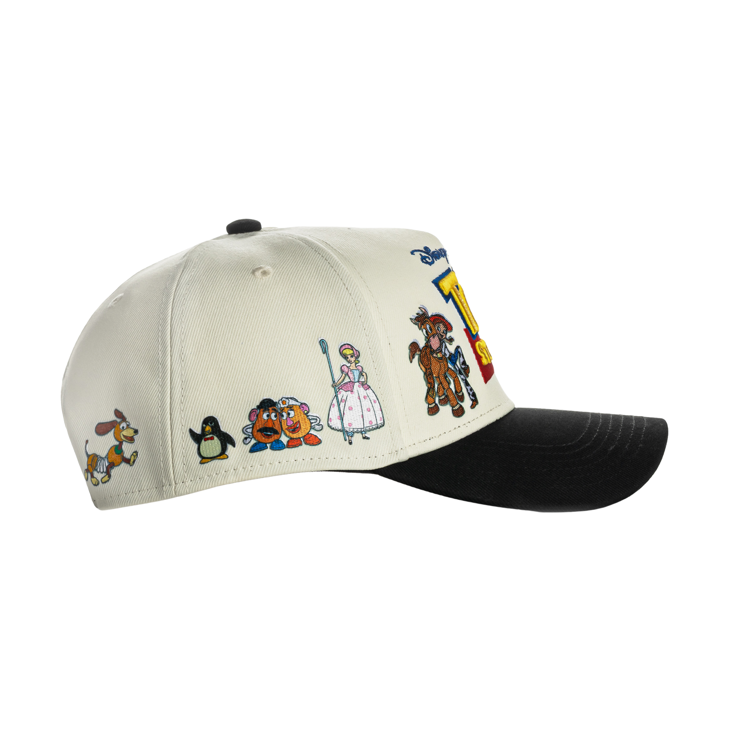 White cap featuring Toy Story characters and logo.