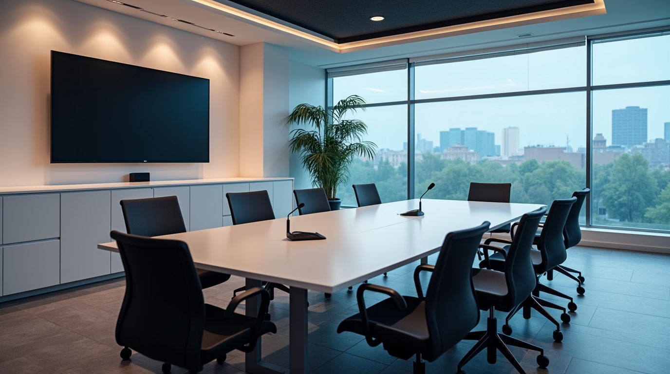 Modern conference room with large table, chairs, and city view.