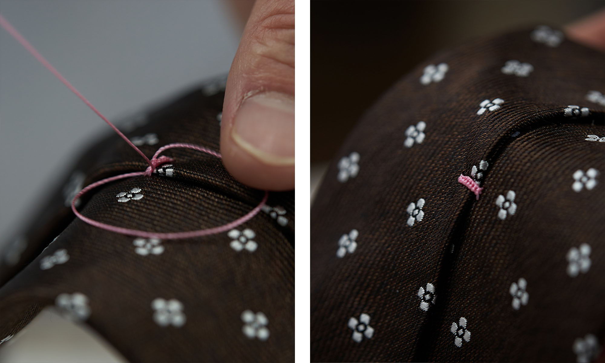 Person sewing with pink thread on a patterned brown fabric.