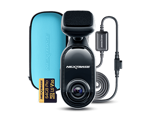 A dashcam with accessories including a memory card and a carrying case.