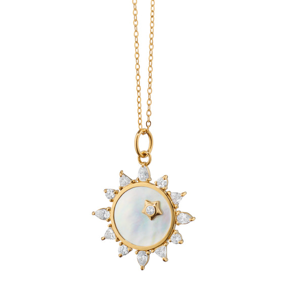 Mother of Pearl Diamond Sun 18K Gold Charm Necklace