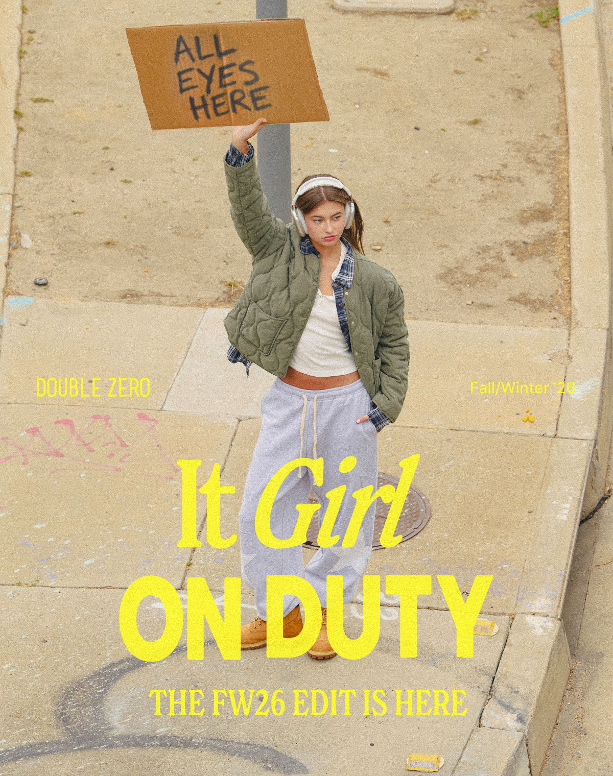 A person holding a sign with text in a casual outfit.