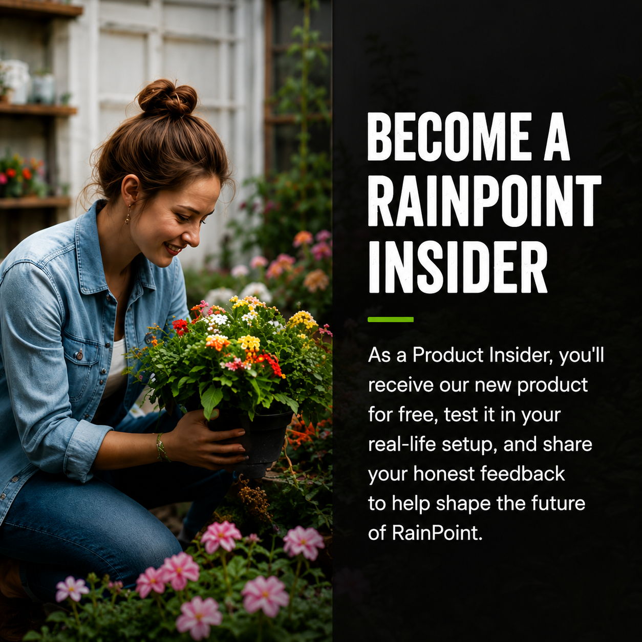 Woman gardening with flowers, promoting RainPoint product insider program.