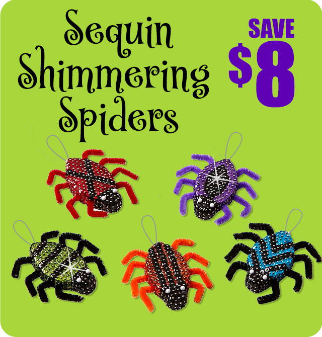 Save $8 on Sequin Shimmering Spiders. Image: Herrschners Shimmering Spiders Ornament Kit.