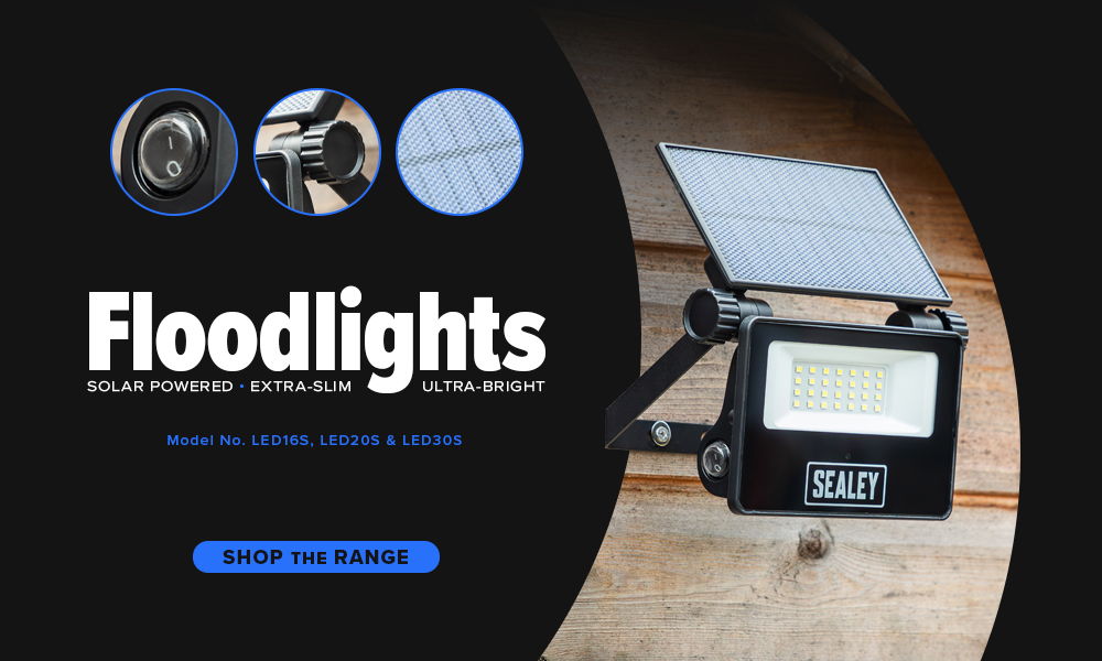 Image featuring floodlights with solar panel and promotional text.