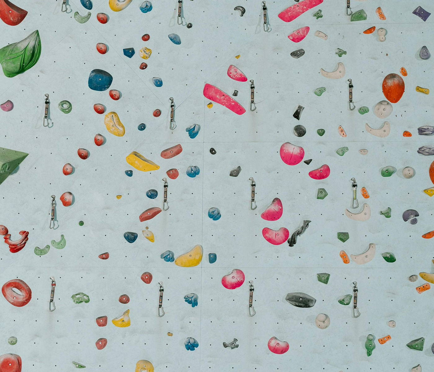 A vibrant photo showing the colourful indoor rock climbing holds scattered against a white wall.
