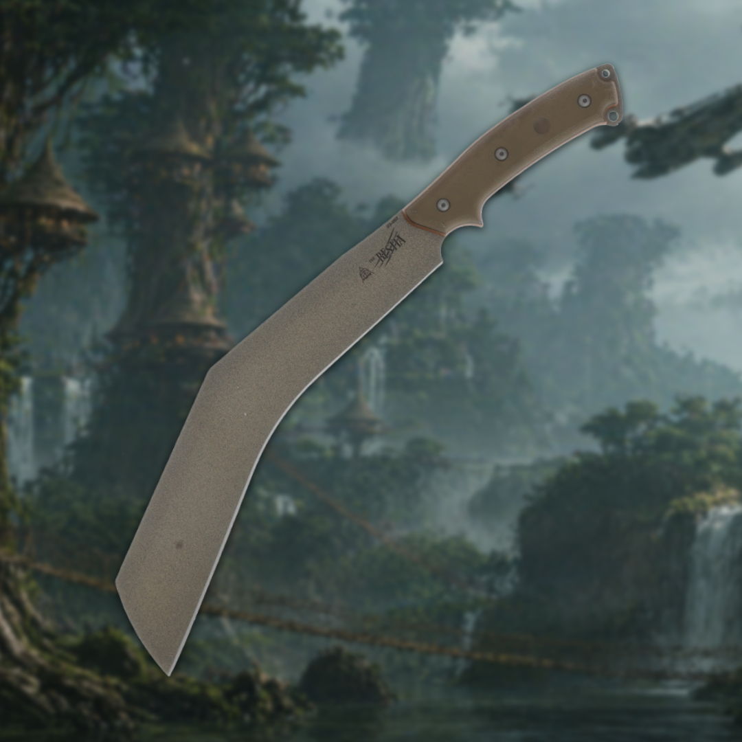 A curved knife with a wooden handle against a forest background.