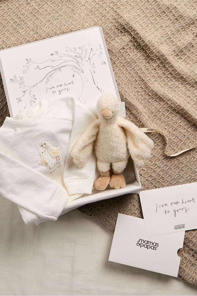Baby gift set with plush toy, clothing, and greeting card.