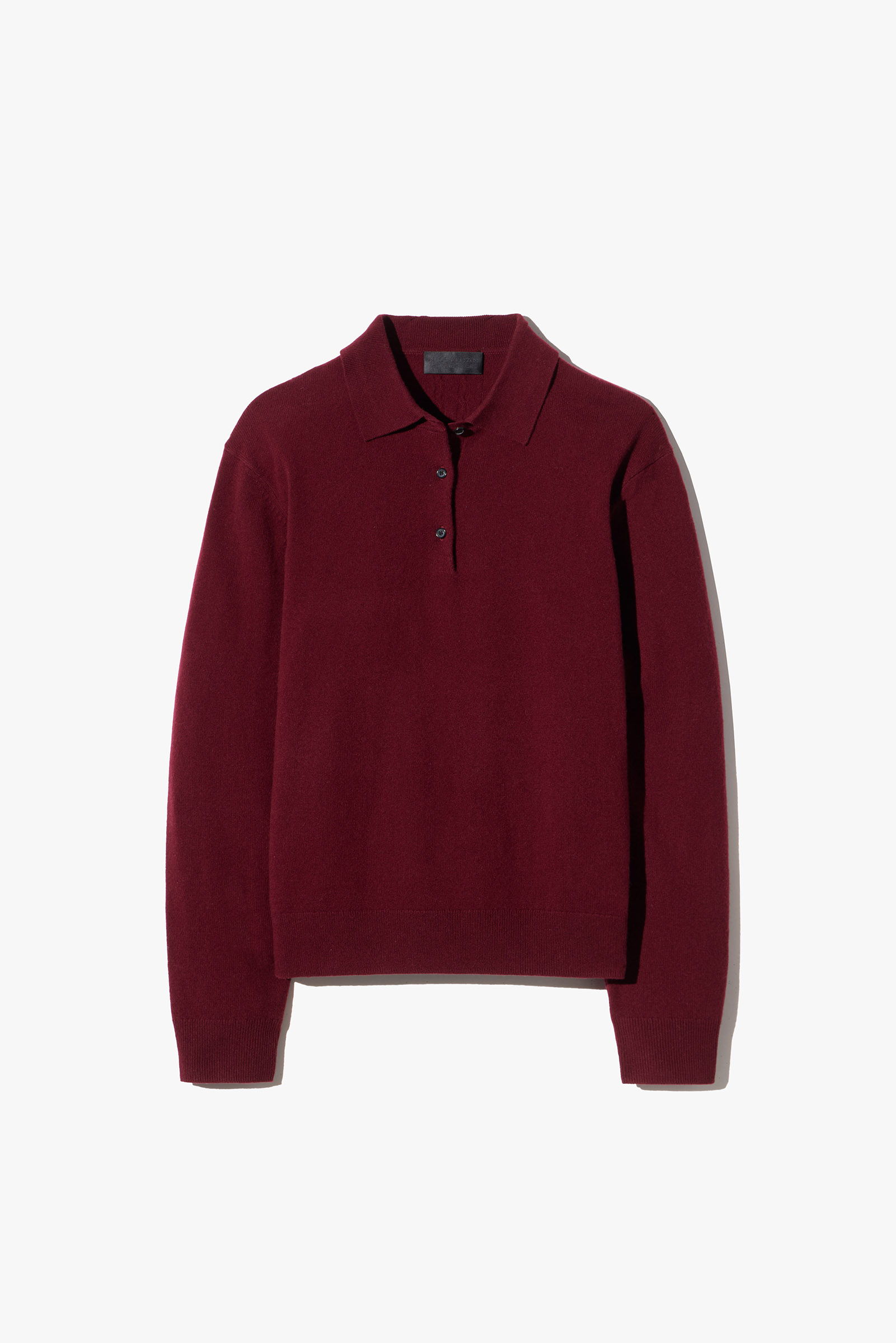 Maroon long-sleeve polo shirt with a collar and button placket.