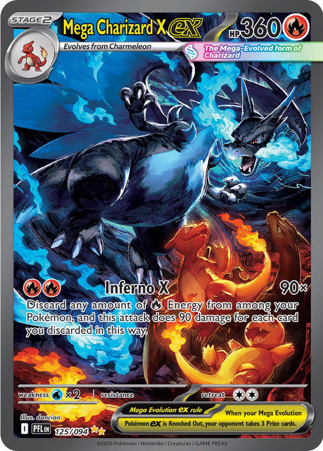 Mega Charizard X trading card featuring fiery and electric elements.