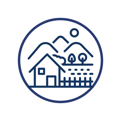 Illustration of a house with mountains and trees in the background.