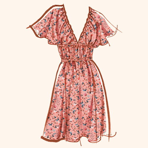 Pink floral dress with ruffled sleeves and a cinched waist.