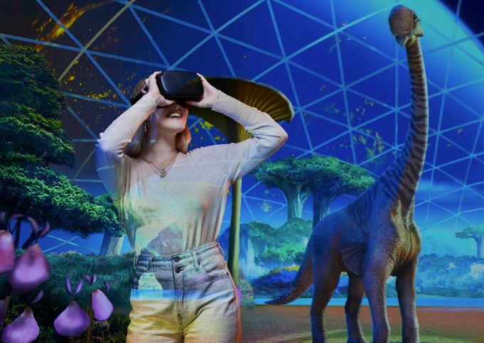 Woman using VR headset in a futuristic landscape with a dinosaur.