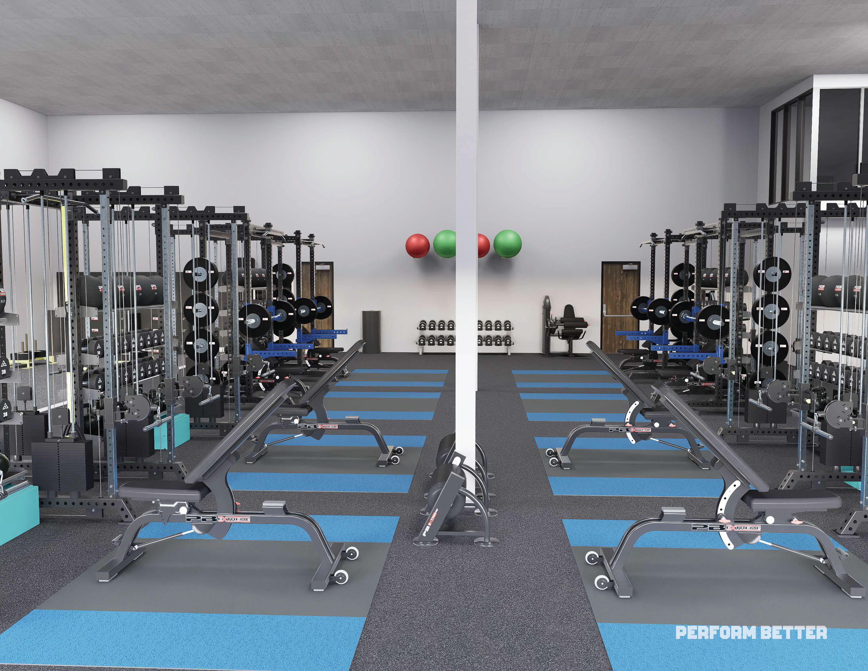 Modern gym interior with weightlifting equipment and exercise mats.