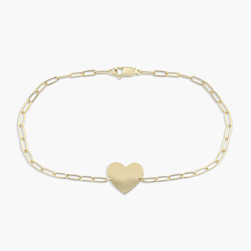 Engravable heart charm paper clip chain bracelet in yellow gold metal by MiaDonna
